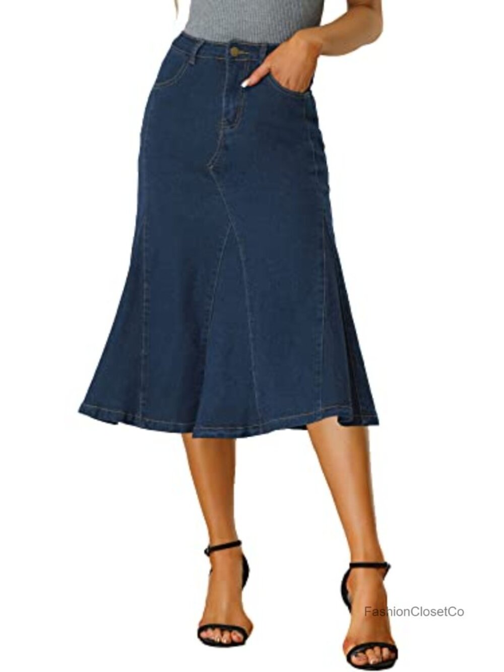 Women's High Waisted A-Line Flared Midi Denim Skirt Casual